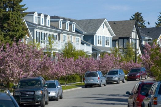 This residential street in Calgary's Garrison Woods is 9.0m (29.5') wide. (Canada Lands Corp.)