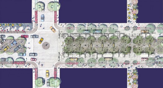 The innovative, award winning Lancaster Boulevard in Lancaster California allows mid-street parking and a wonderful public space along a commercial main street. (Moule & Polyzoides Architects with Peter Swift)
