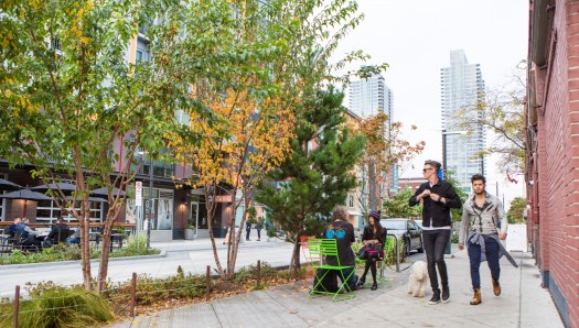 A walkable green street in Seattle (photo courtesy of deeproot Green Infrastructure. Click for original.)